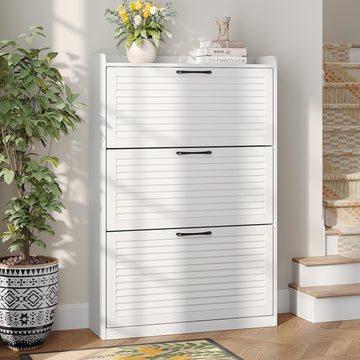 Shoe Storage Cabinet with 3 Flip Louvered Doors, Freestanding Organizer with Metal Hinges, Shoe Cabinet, Narrow Shoe
