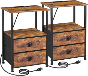 Nightstands Set of 2, Night Stand with Charging Station, End Tables with Storage Shelf , Bedside Table with 2 Fabric