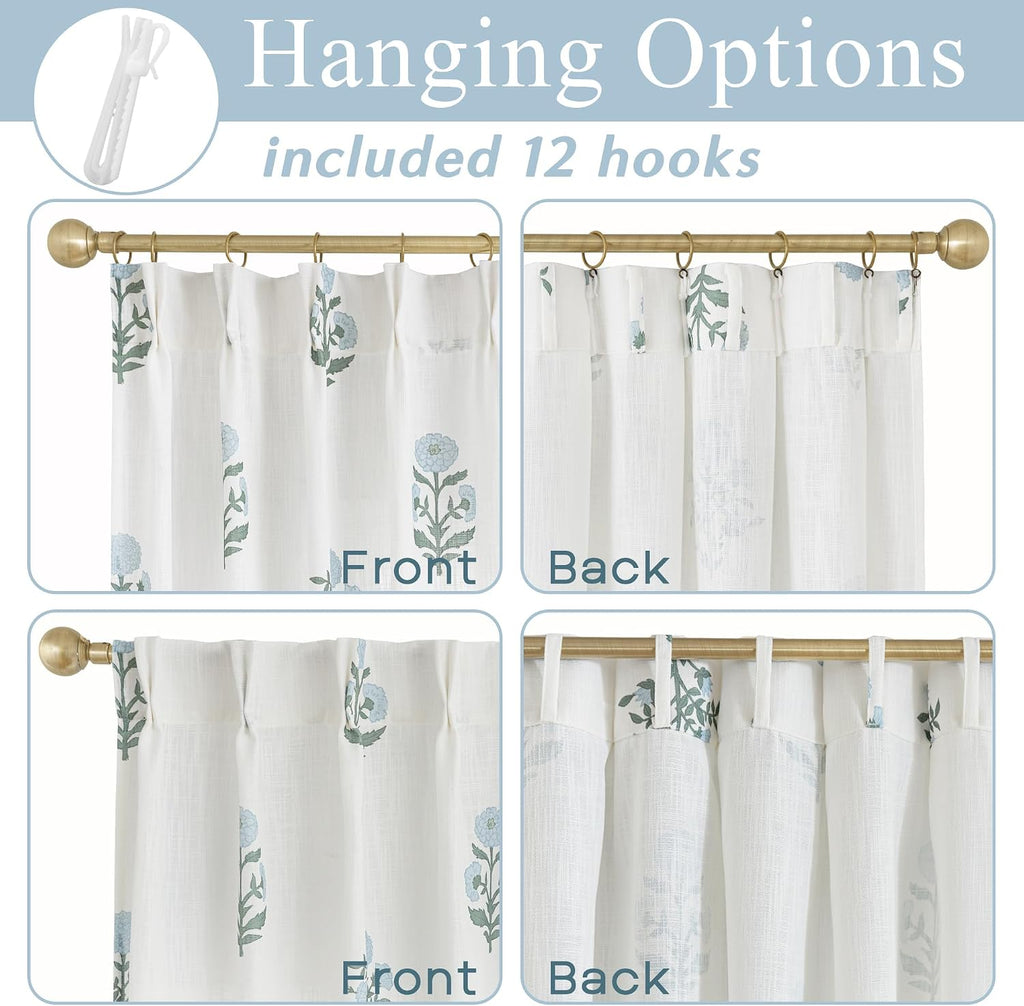 Floral Curtains 63 Inch Length Bedroom, Blue Green White Pattern Linen Semi Sheer Light Filtering Pinch Pleated