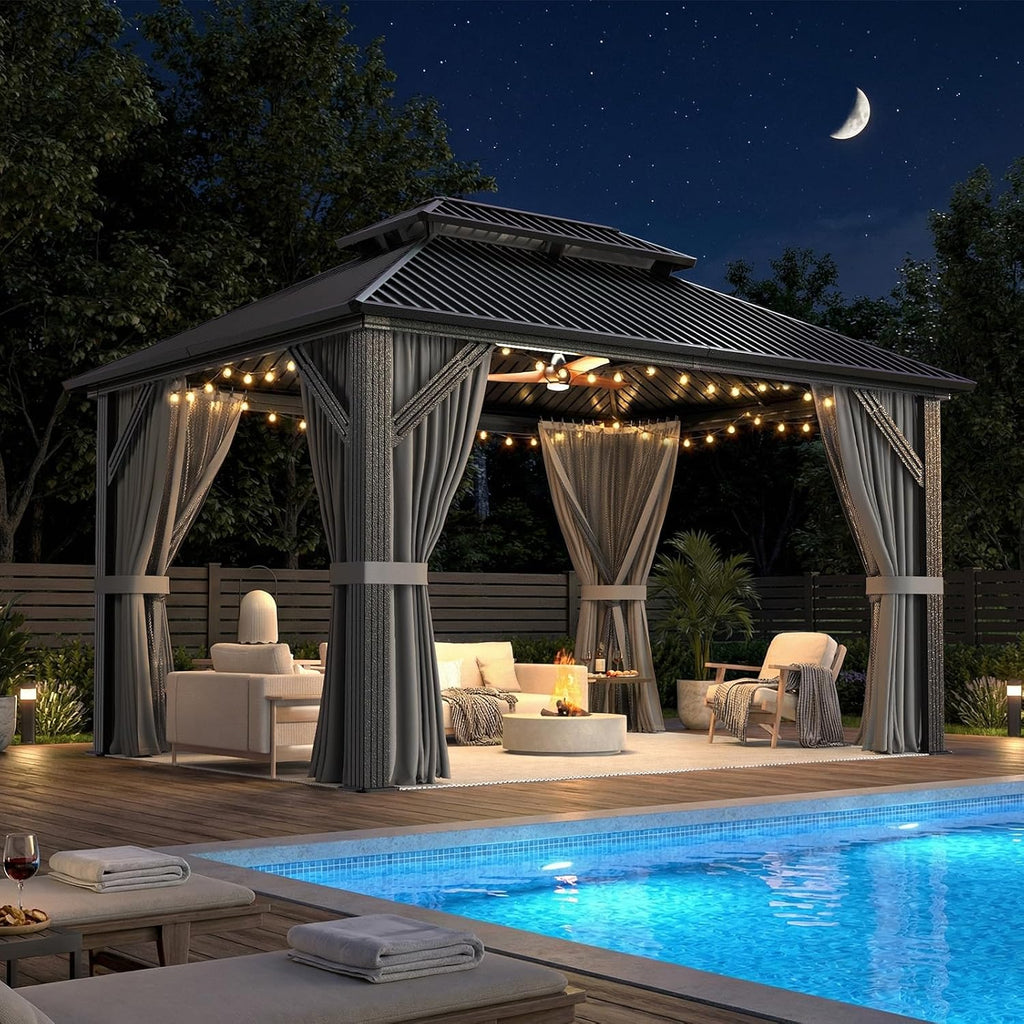 10'x12' Outdoor Aluminum Gazebo Grey | Hardtop Pergola with Galvanized Steel Double Roof, Curtain and Netting