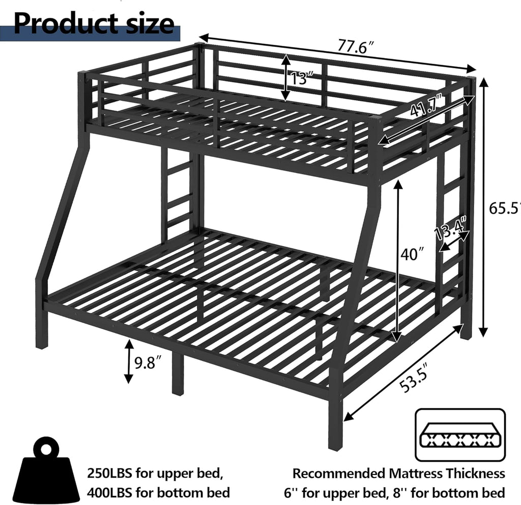 Twin Over Full Bunk Bed with Ladders, Metal Bunk Beds Frame with Full-Length Guardrails