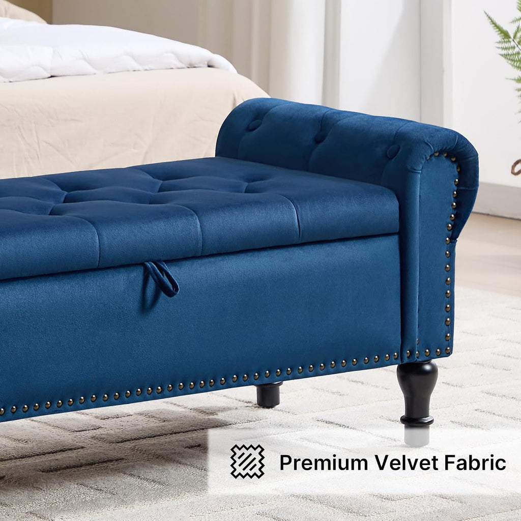Storage Bench , 51" Upholstered End of Bed Bench, Velvet Queen Size Benches with Rolled Arms, Tufted Button Storage