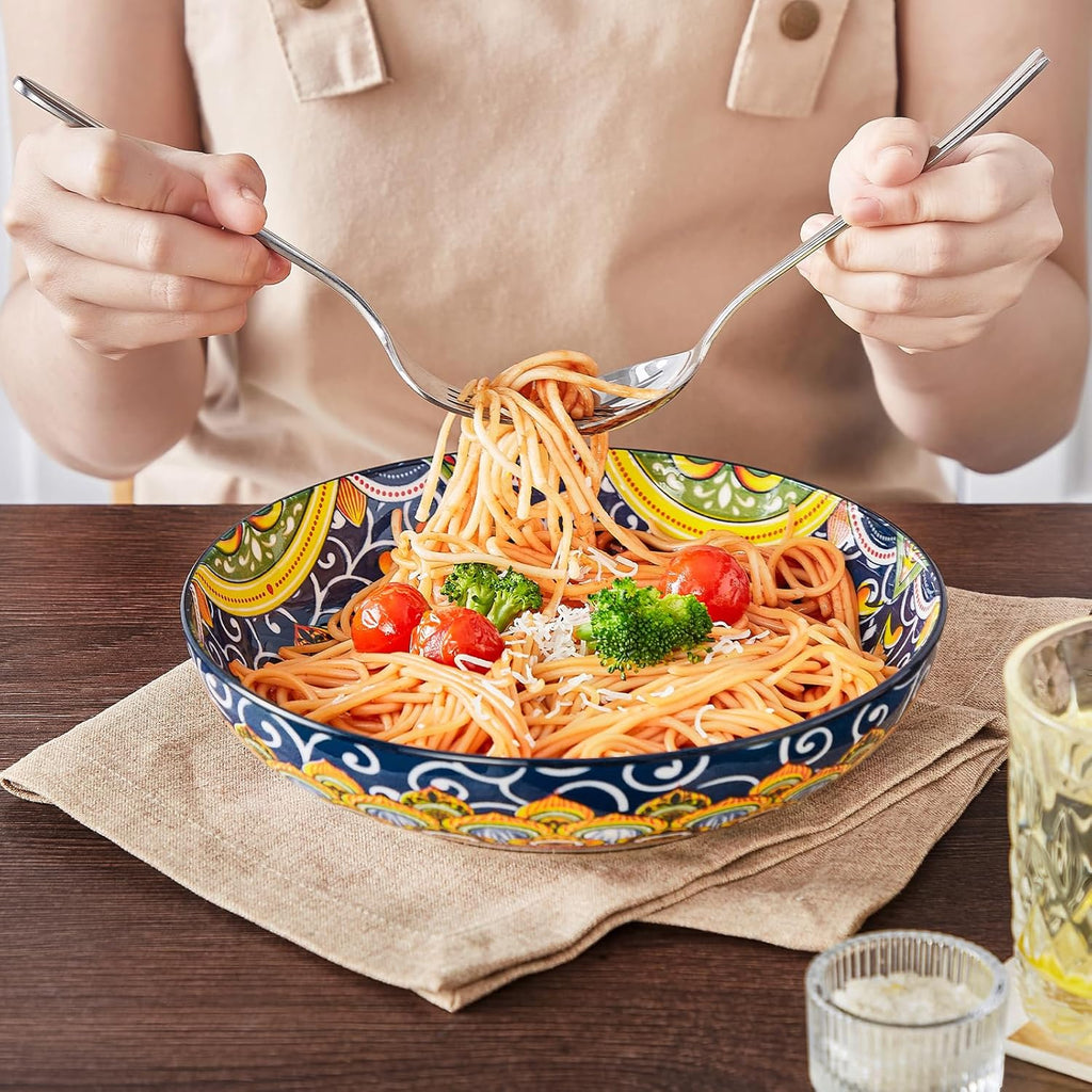 Pasta Bowls Set of 4, 42oz Ceramic Serving Bowls,Boho Pasta Plates | Large Shallow Bowls for Pasta, Salad, Soup, 42