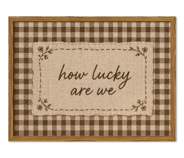 Framed How Lucky Are We Wall Art, Vintage Farmhouse Inspirational Quotes Pictures Wall Decor, Rustic Brown Gingham