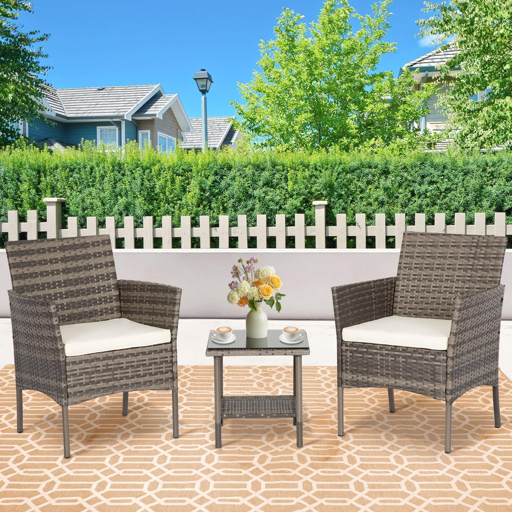 3 Piece Outdoor Furniture Set Patio Gray Wicker Chairs Furniture Bistro Conversation Set 2 Rattan Chairs with Khaki