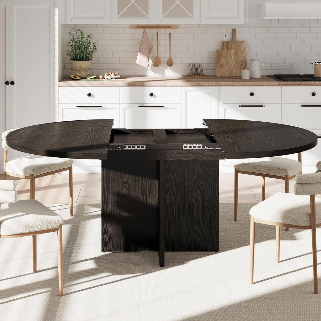 43.3''-59'' Extendable Round Dining Table for 4-8, Modern Kitchen Oval Dining Table with Removable Leaves, Dinner