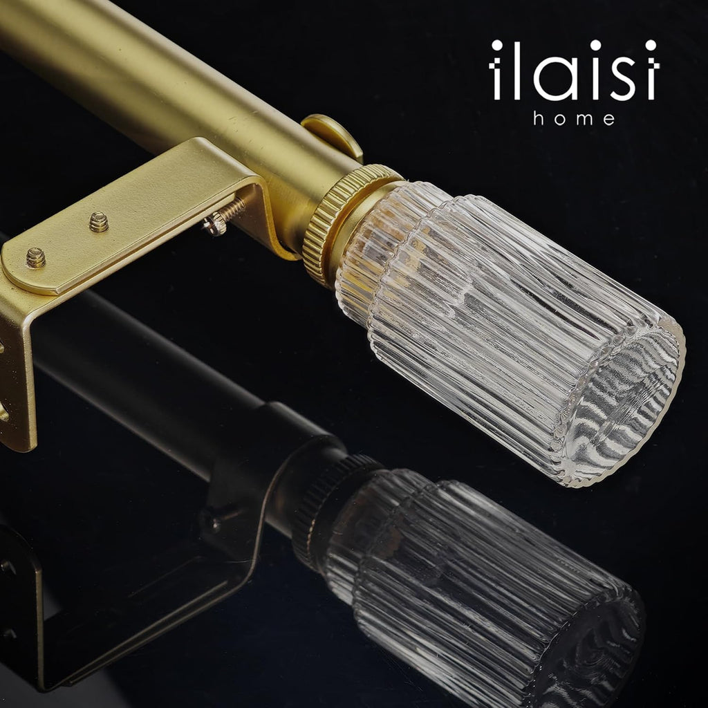 1-1/8 Inch Diameter Gold Curtain Rods with Ribbed Glass Finial, 36-72 inch Telescoping Single Curtain Rods for window