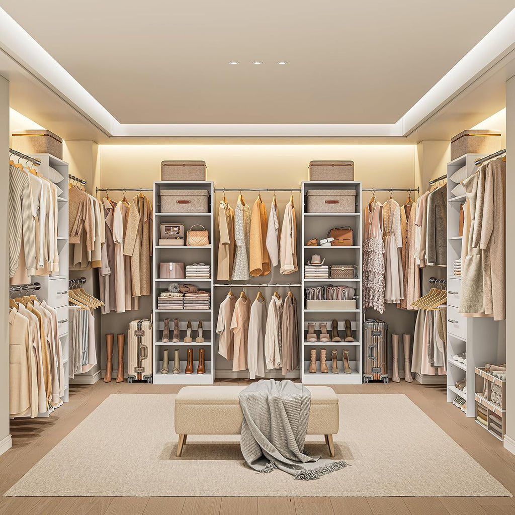 W1 Closet System, 3.5FT-7.7FT Closet Organizer System with 4 Chrome-Plated Telescopic Rods & 6 Adjustable Shelves