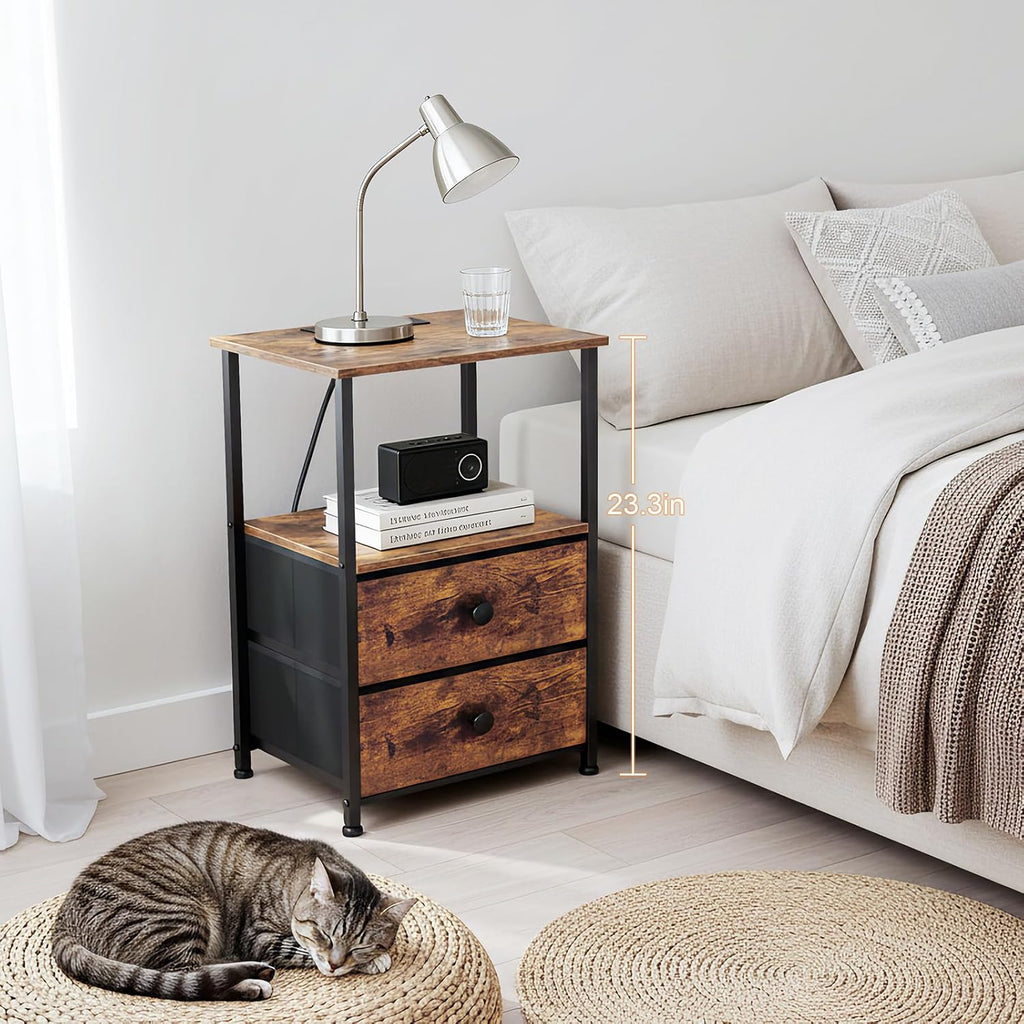 Nightstands Set of 2, Night Stand with Charging Station, End Tables with Storage Shelf , Bedside Table with 2 Fabric