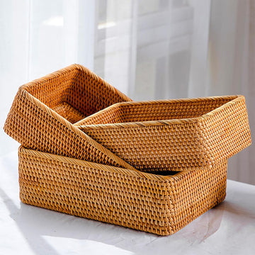 3 Pack Natural Rattan Storage Baskets, Rectangular Woven Fruit Baskets for Decor, Handmade Woven Nesting Bread
