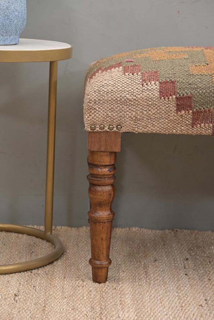 Acacia Wood Kilim Pattern Jute Fabric Decorative Upholstered Bench | Wooden Ottoman with Turned KD Legs , End of Bed