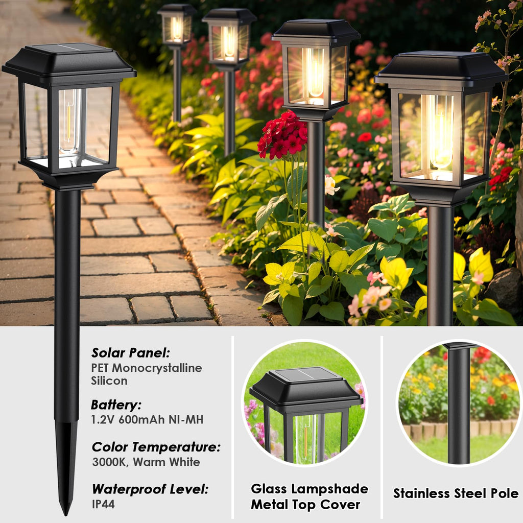 Solar Outdoor Lights Waterproof, 8 Pack Metal Glass Solar Pathway Lights Outdoor Lighting Garden Decor for Landscape