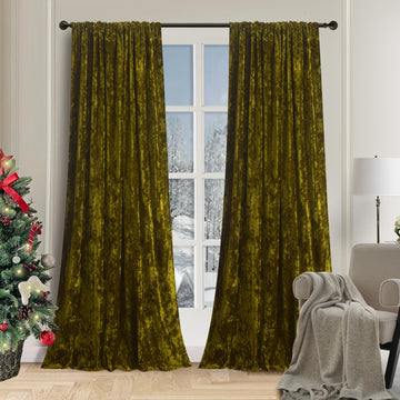 Lux Moss Green Crushed Velvet Curtains 2 Panel Set - 96 inches Long Room Darkening Luxury Distressed Velvet Rod
