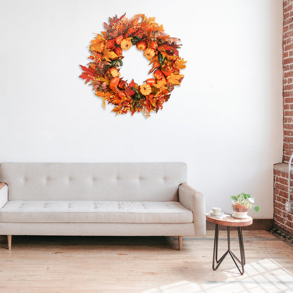 Fall Wreaths for Front Door 26 inch, Fall Door Wreath with Pumpkin, Maple Leaves Autumn Thanksgiving Harvest Festival