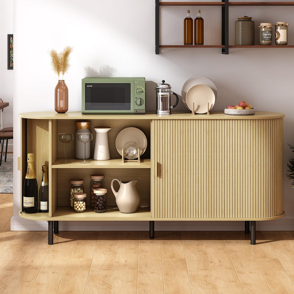 63" Sideboard Buffet Cabinet, Sliding Door/Adjustable Shelf, Oak