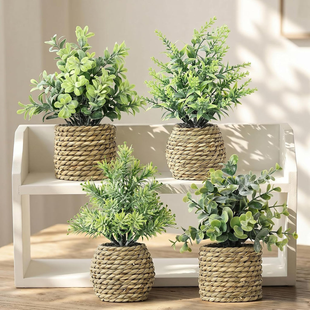 Small Fake Plants, 4 Pack Artificial Plants in Handwoven Seagrass Baskets | Natural Woven Texture, 4 Unique Plant