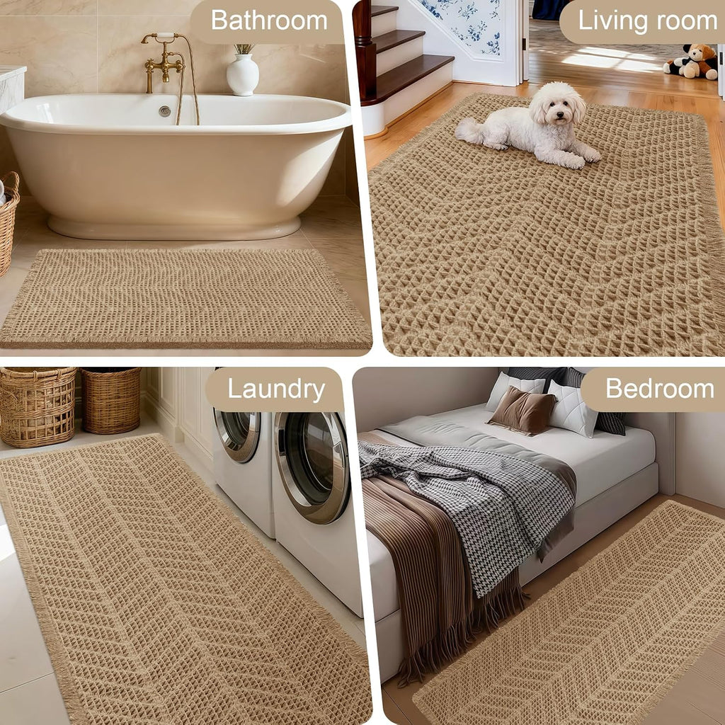 Upgraded Waffle Bath Mat Set 3 Piece Beige-Herringbone, Super Absorbent Non-Slip Quick Dry Bathroom Rugs with