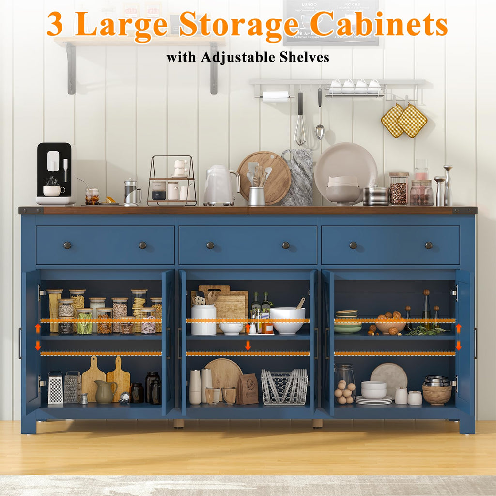71" Large Sideboard Buffet Cabinet with Storage, Modern Farmhouse Coffee Bar with 3 Drawers and 6 Barn Doors, Dining