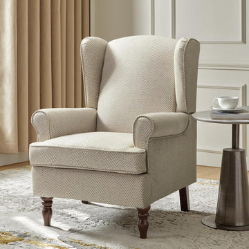 Wingback Accent Chair with Retro Wooden Legs, Traditional Fabric Armchair Bedroom, Comfy Upholstered Single Sofa