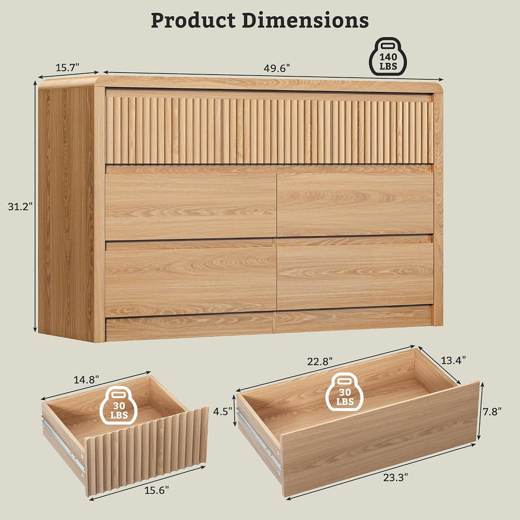 7 Drawer Dresser , 50" Wide Fluted Dresser with Curved Corners, Wood Dressers & Chests of Drawers with Dual-Panel