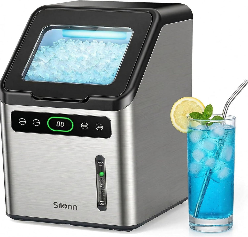 Nugget Ice Maker Countertop - 44lbs/Day Soft Chewable Pebble Ice, Self-Cleaning One-Click Operation, Stainless Steel