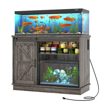 Farmhouse 30-40 Gallon Fish Tank Stand with Power Outlet, Aquarium Stand w/Cabinet&Sliding Barn Door, Heavy Duty