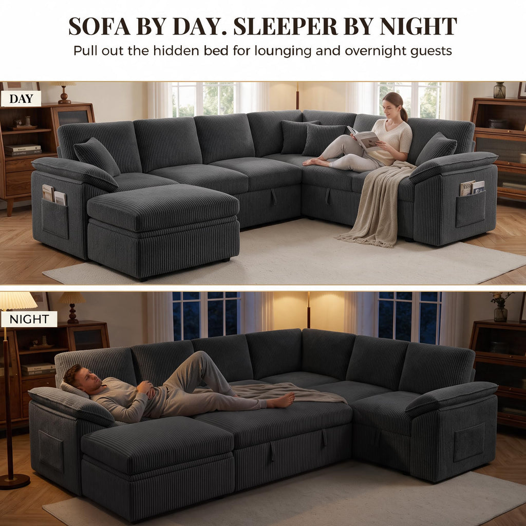 108'' Modular Sectional Sleeper Sofa Couches, Dark Grey