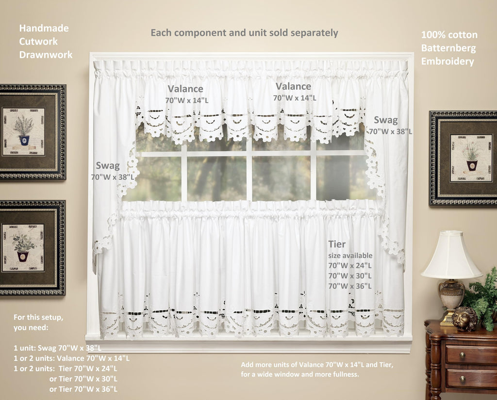 Imperial Classic Drawn Cutwork Window Swag 38", White, 70" W x 38" L