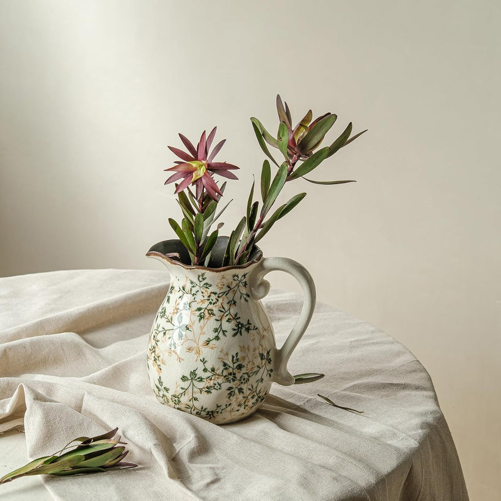 Ceramic Flower Vase | Green Rustic Farmhouse Pitcher Vase