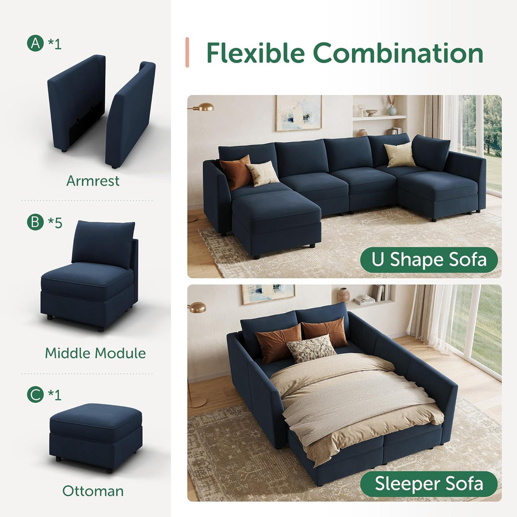 Modular Sectional Couch L Shaped Sectional Sofa with Storage Velvet Convertible Sectional Couches ,Dark Blue