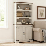 70 Inches Farmhouse Bookcase Bookshelf, Two-Tone Shelves, 5 Tier Bookshelf with Door Storage Arched Trim