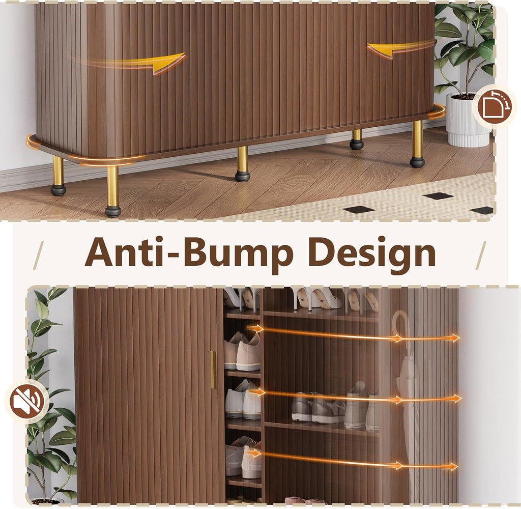 6-Tier 47'' Shoe Cabinet with Sliding Door, Wooden Shoe Storage Cabinet with Adjustable Shelves, Mid-Century Modern