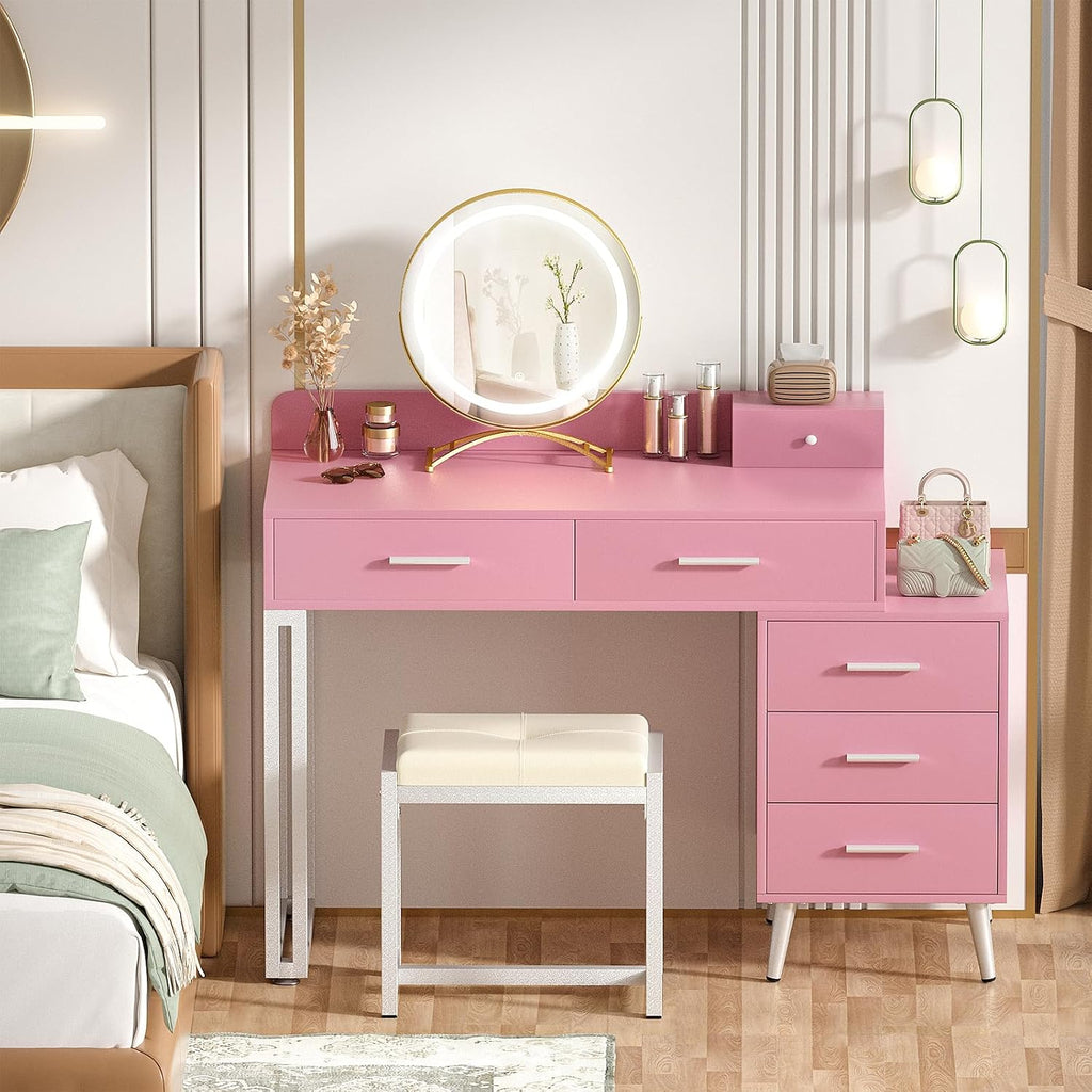 Pink Vanity Desk with Mirror and Lights, Modern Makeup Vanity Table Set with 6 Storage Drawers and Cushioned Stool