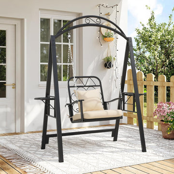 Porch Swing with Stand, Heavy-Duty Metal Patio Swing with Cup Holder | Outdoor Swings Chair for adults with Soft