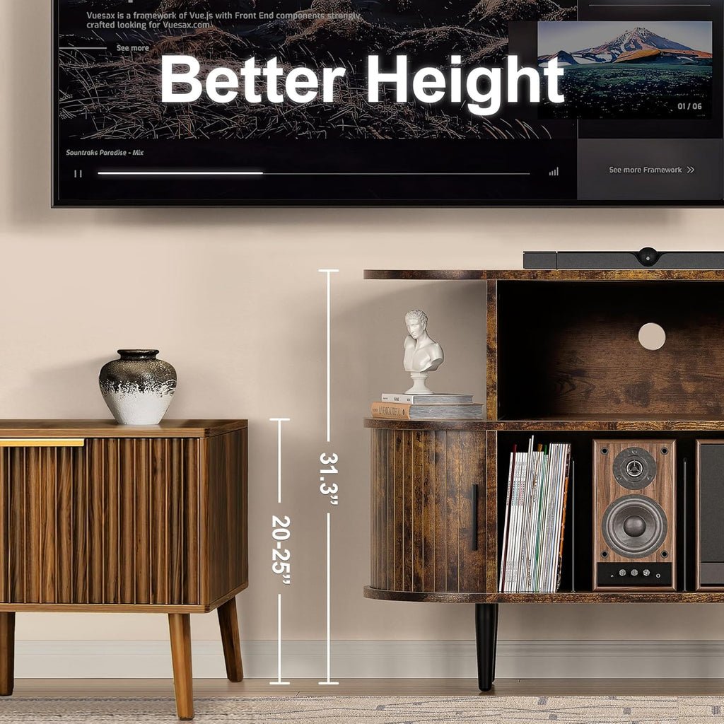 Large Record Player Stand with Storage and Shelves, Brown