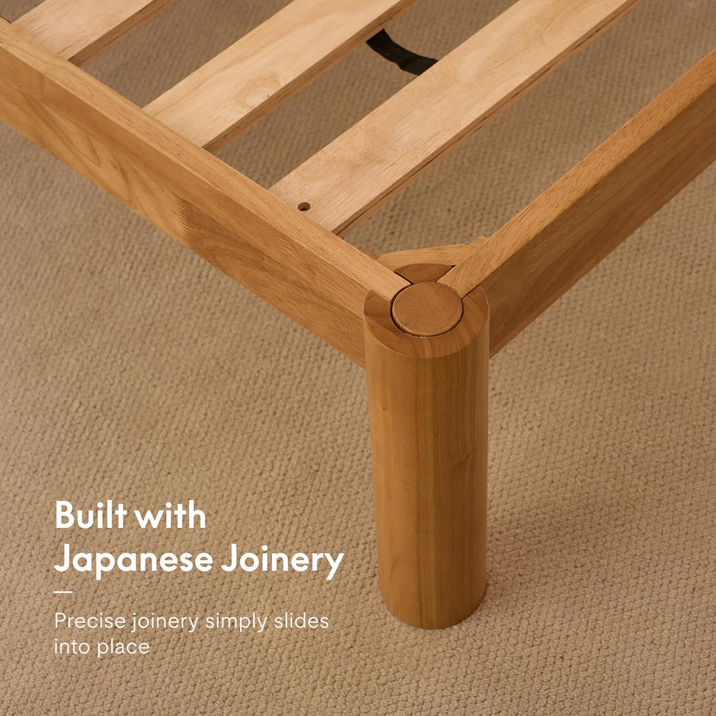 Hako G2 Japanese Joinery Bed Frame, Solid Rubberwood Queen Platform Bed with Storage Headboard, IAS&SGS Certified