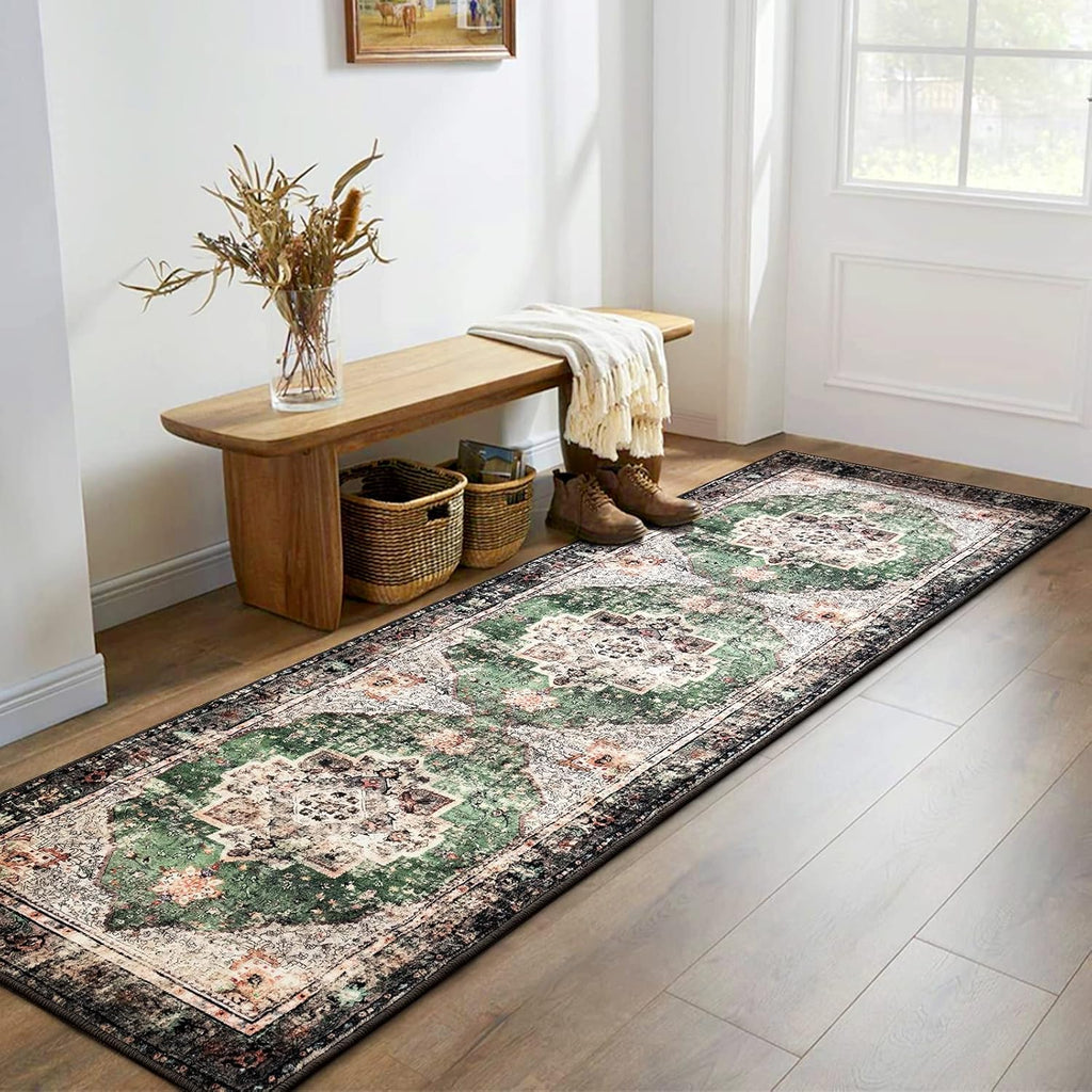 2x8 Runner Rug Green Boho Area Rugs for Hallway Indoor Laundry Room Bathroom Lightweight Non Slip Vi
