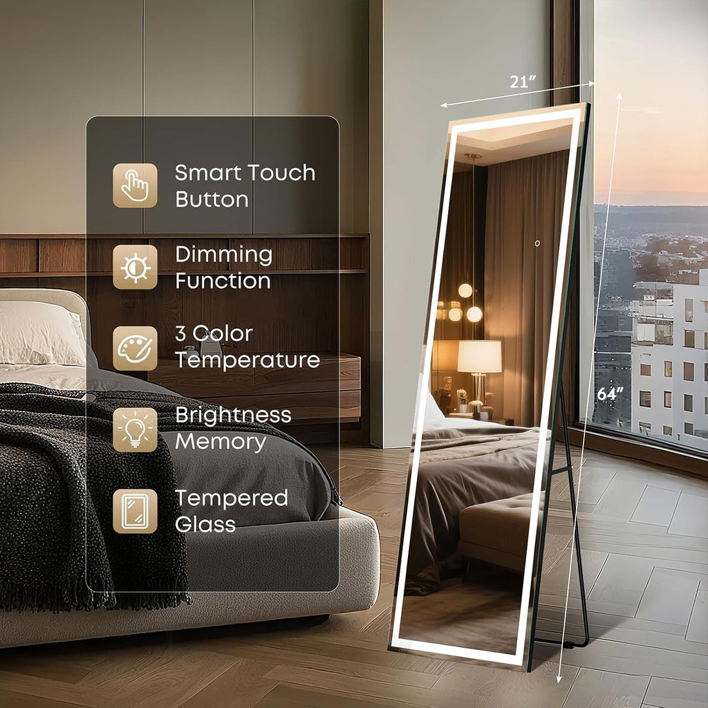 64" x 21" Full Length LED Floor Mirror - Big Wall/Standing Mirror with Lights, Dimmable Touch Screen & Adjustable