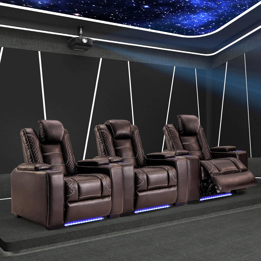 ANJ Power Home Theater Seating Recliner Chairs Set of 3, PU Leather Recliner with Cup Holder