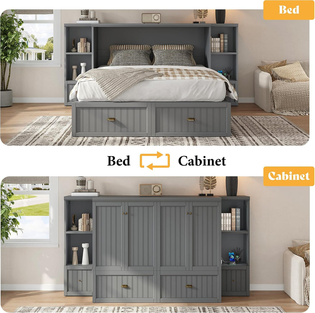 Full Murphy Bed with Bedside Tables, Foldable Cabinet with 3 Storage Drawers & Charging Station, Farmhouse Hideaway