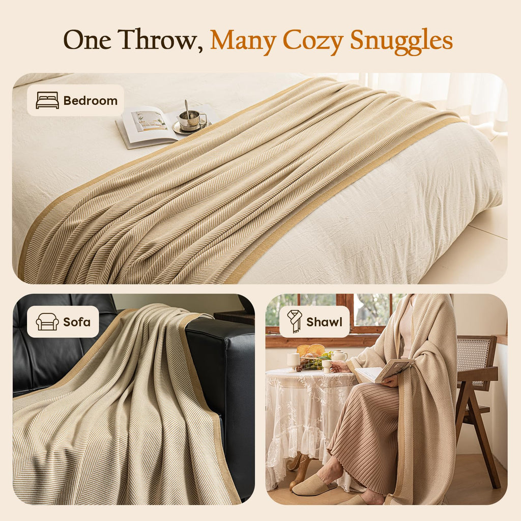 Throw Blanket, Herringbone Knit Cover for Sofa Bed Couch