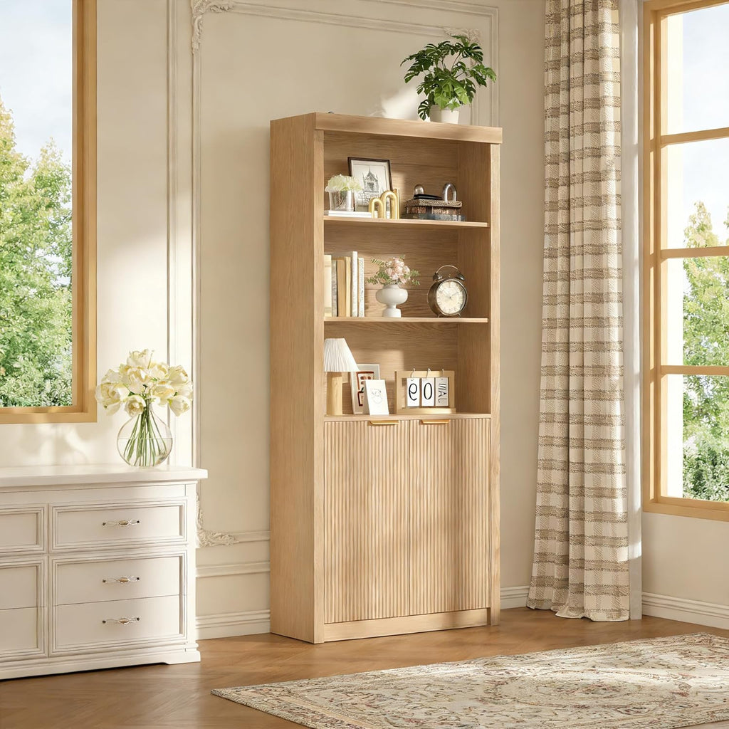 Modern Tall Book Shelf and Bookcase, 31.5"Wide Bookshelf with Doors, Farmhouse Book Case with Adjustable Top Shelf