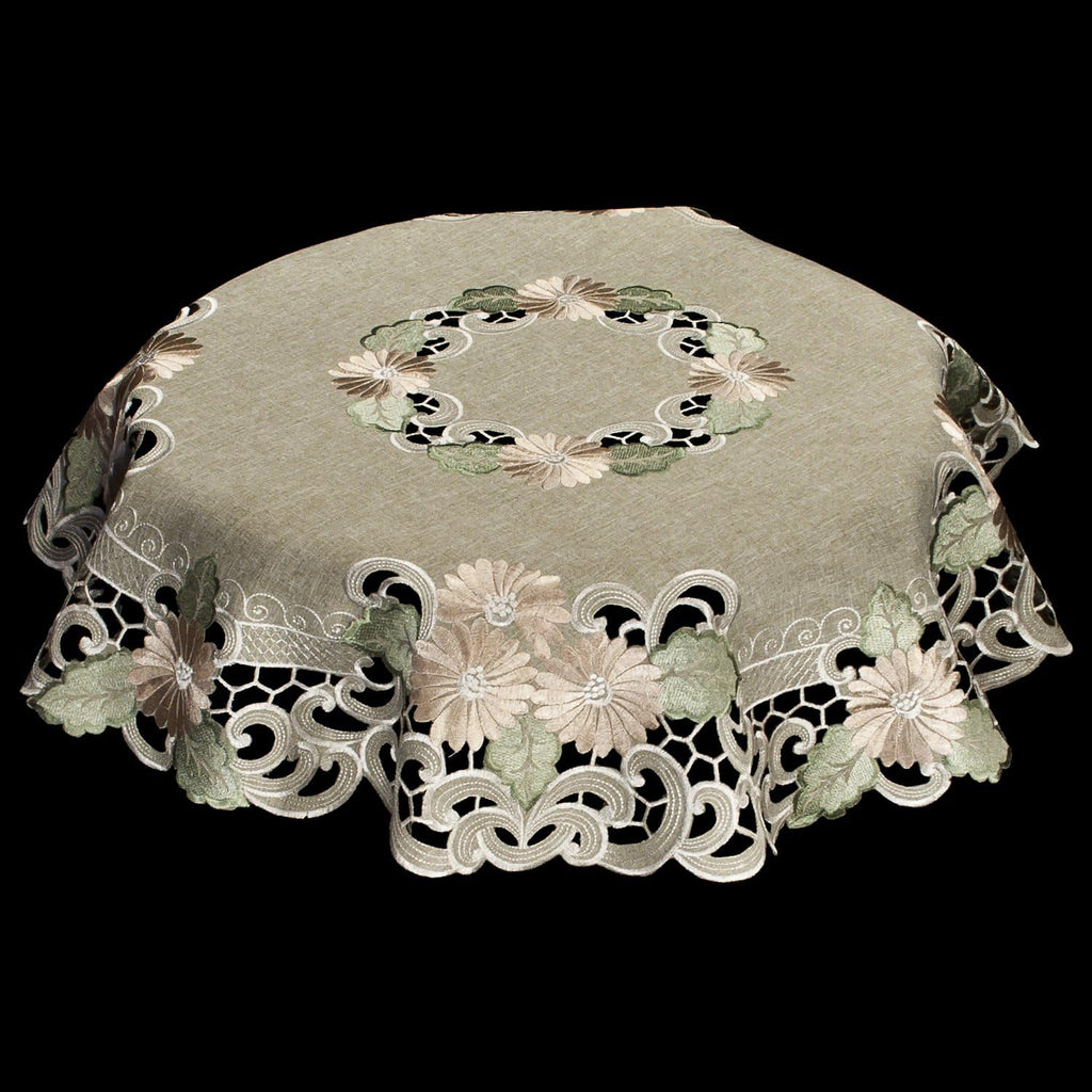 Embroidered Table Topper Gold Daisy Fleur Latte Small Tablecloth Doily (33 Inch Round)