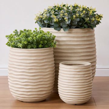15"+11"+7.9" Dia Concrete Planter Set of 3, Flower Pot with Wavy Texture | Indoor Outdoor Large Planters with