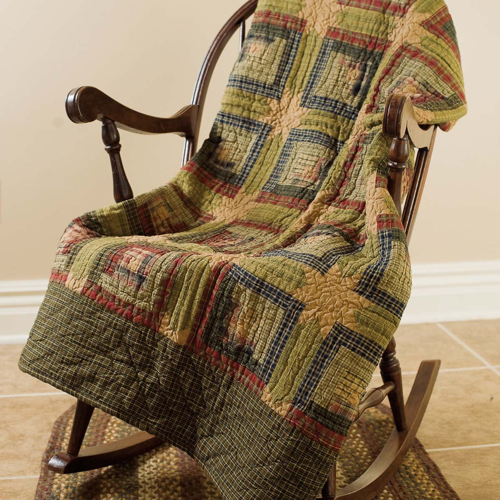 Tea Cabin Throw Quilted 60x50 Log Cabin Country Rustic Lodge Design, Moss Green and Deep Red
