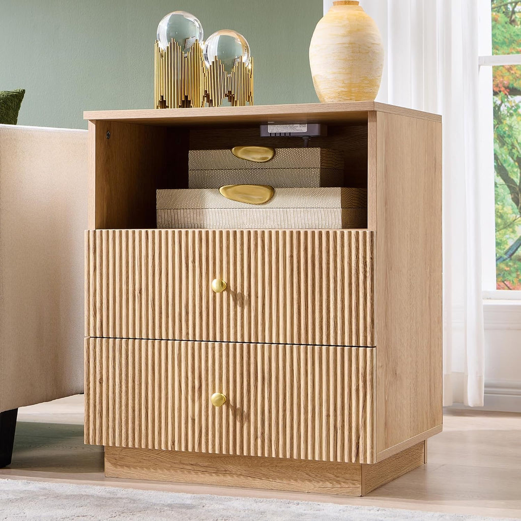 Fluted Night Stand with Charging Station, 21.65" Wide 2 Drawers Nightstand with & Open Shelf and Golden Metal Handle