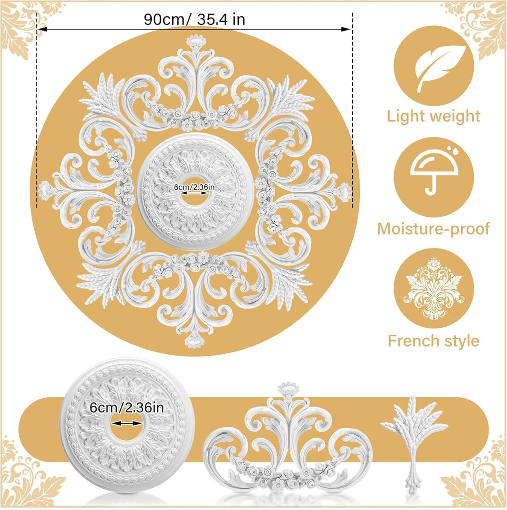 35.4'' Large PU Ceiling Medallion Combination Decorative 2.36'' ID French Style Chandelier Base Ceiling Medallion for Light Fixtures Victorian Rosette Light Covers for Chandeliers(Elegant)