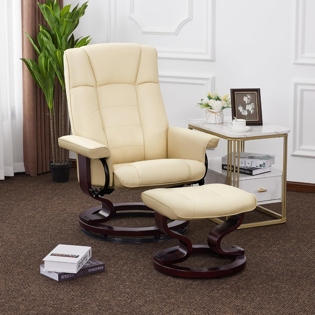 Modern Reclining Swivel Lounge Chair and Ottoman — White Faux Leather
