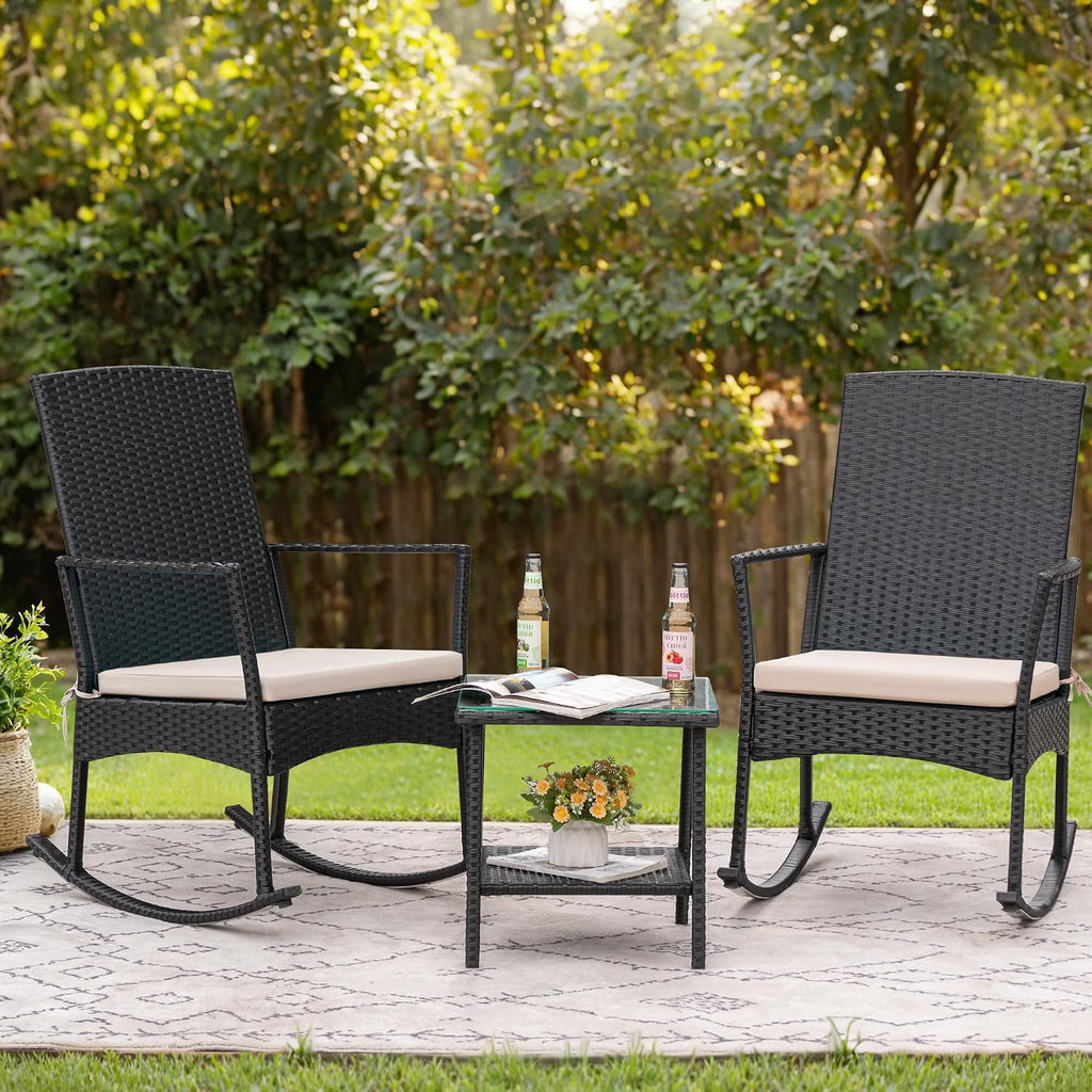 Rocking Chair Outdoor High Back Patio Chairs with Table,Beige | PE Rattan Porch Rocker Patio Conversation Sets for