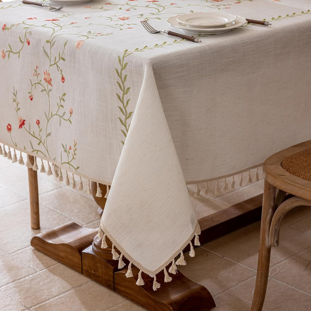 Linen Spring Flowers Tablecloth with Tassels, Rustic Farmhouse Embroidery Waterproof Table Cloths fo